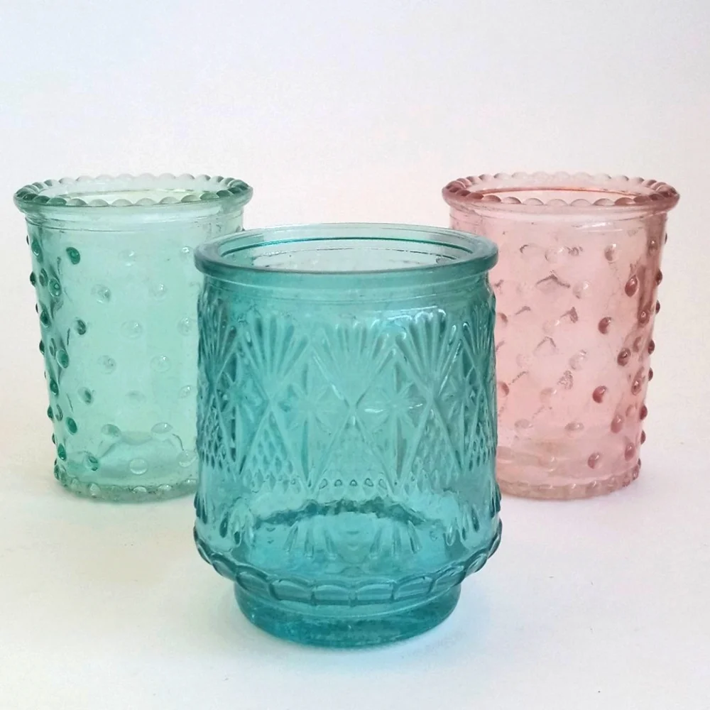 Vintage Shabby Chic Pink Sea Green and Aqua Blue Candle Glass Votives Set of 3